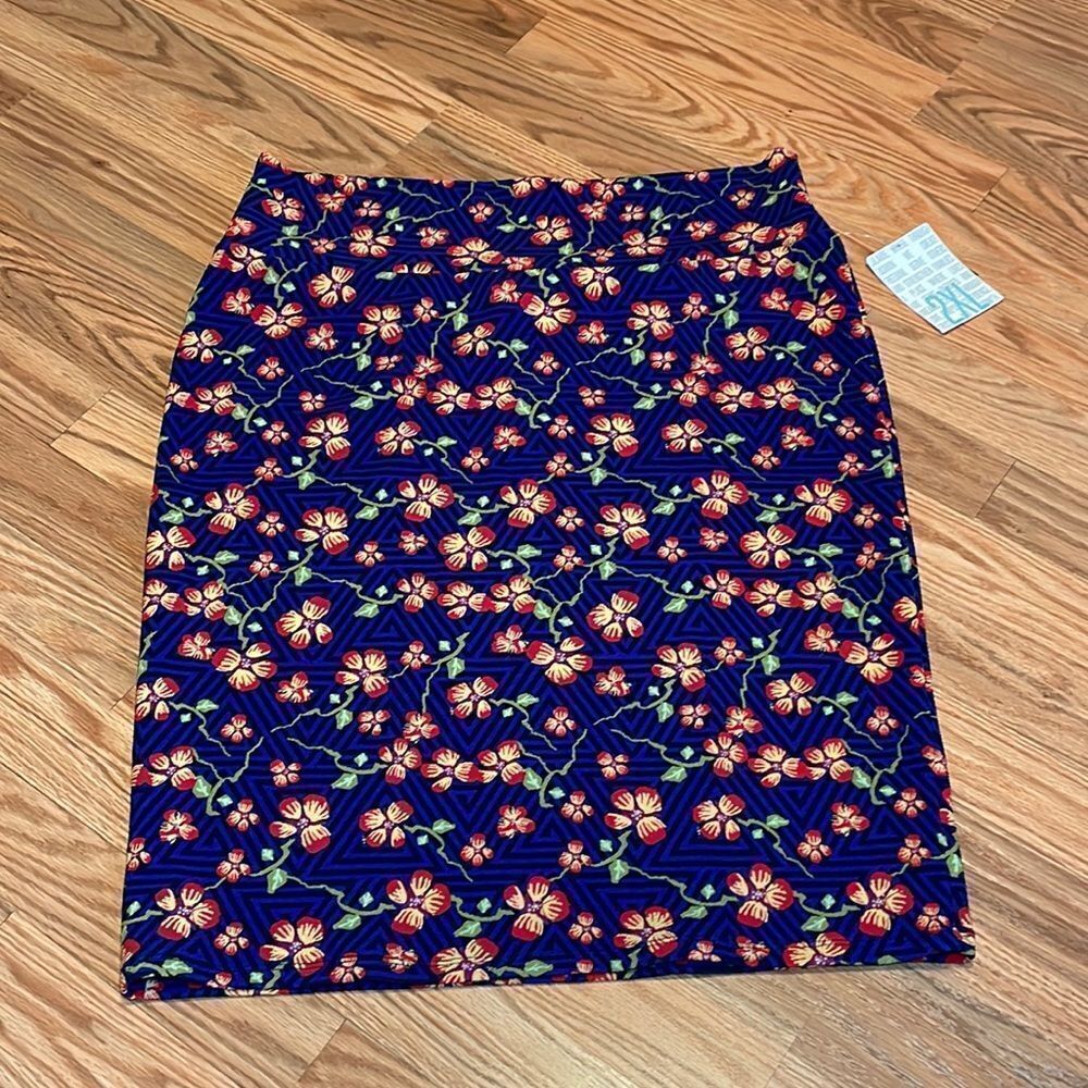 LuLaRoe Cassie Skirt, stretchy pencil blue, black pink floral, 2X